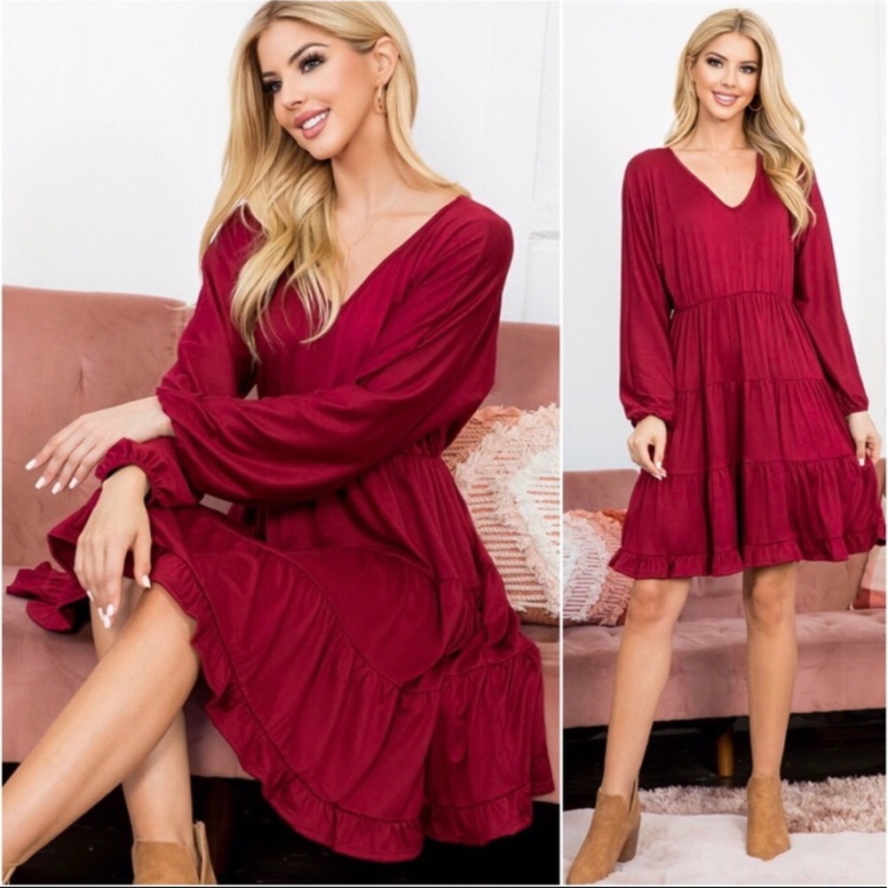 LAST ONE: Buttery soft women’s solid wine ruffled long sleeve women’s fall dress
